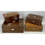 VICTORIAN SARCOPHAGUS SHAPED TEA CADDY, 13 x 22 x 12cms, a rosewood work box, 12 x 29 x 22cms and