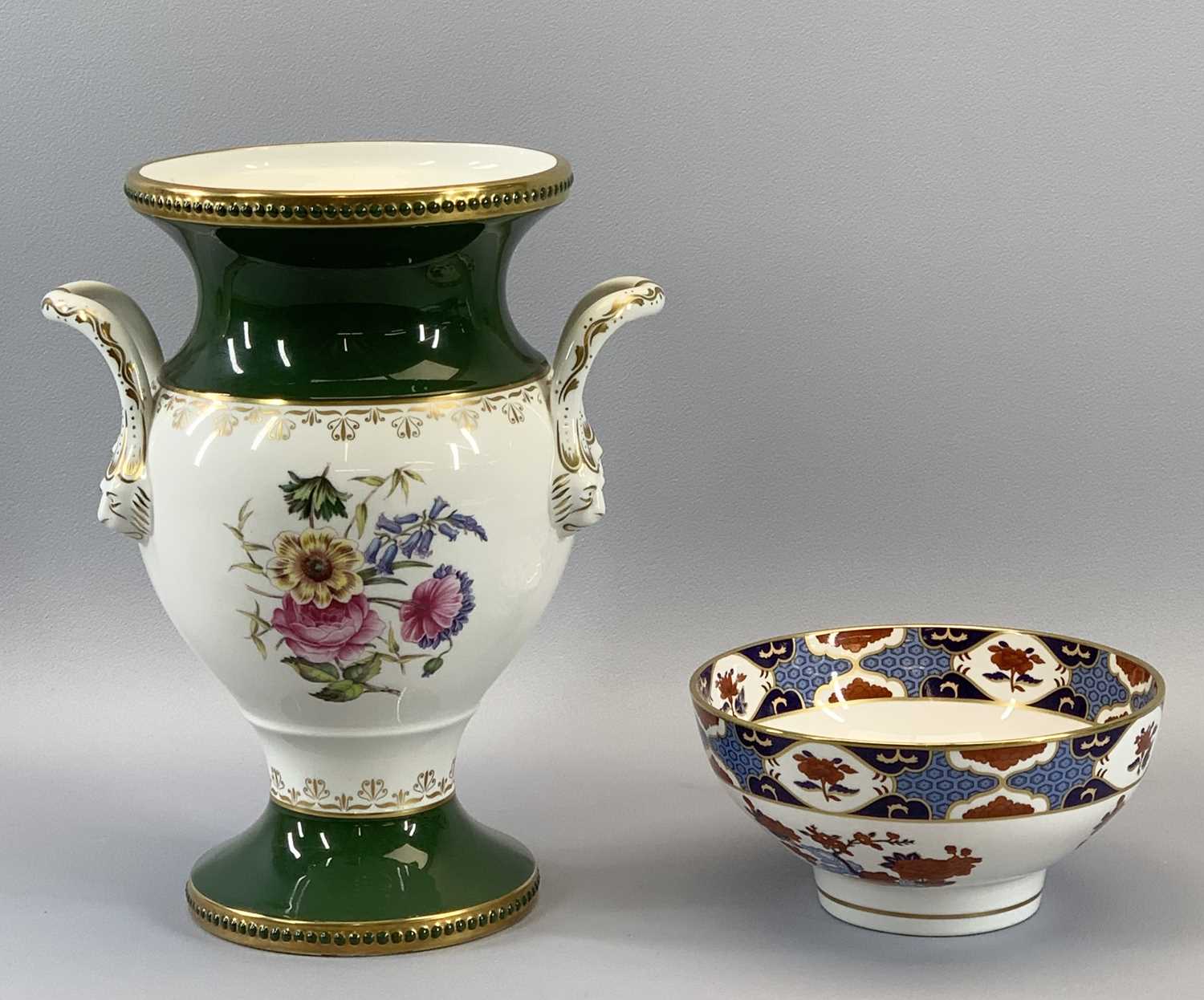 SPODE - a fine twin-handled pedestal vase, gilt and floral decorated, 28.5cms tall and a Spode
