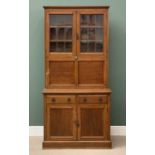 VINTAGE OAK KITCHEN CUPBOARD, the upper section with twin leaded glass doors and drop down