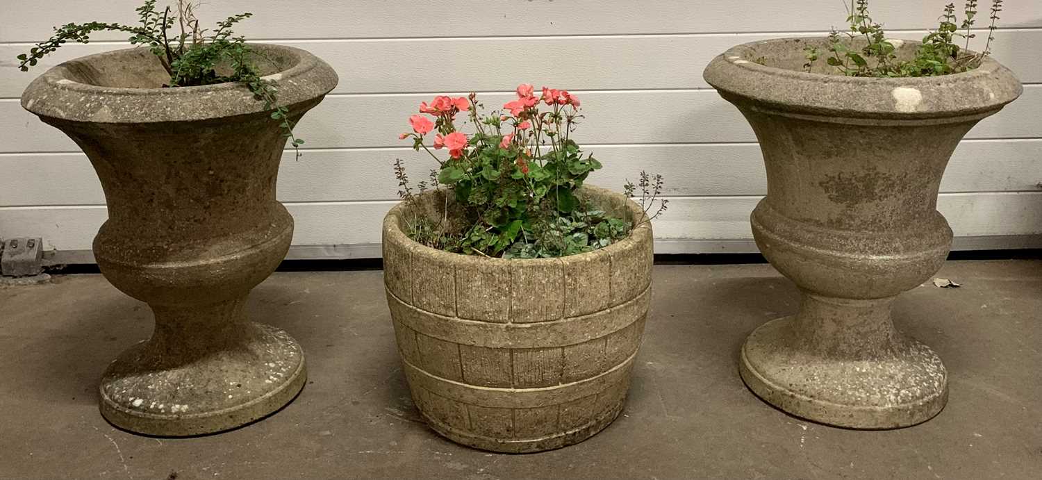 GARDEN STONEWARE - a pair of Campana urn style planters, 58cms H x 48cms diameter and a barrel style