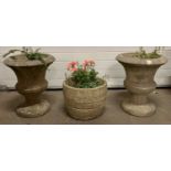 GARDEN STONEWARE - a pair of Campana urn style planters, 58cms H x 48cms diameter and a barrel style