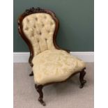 VICTORIAN CARVED WALNUT BUTTON UPHOLSTERED LADY'S SPOONBACK CHAIR - 84cms H, 61cms W, 50cms D