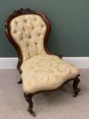 VICTORIAN CARVED WALNUT BUTTON UPHOLSTERED LADY'S SPOONBACK CHAIR - 84cms H, 61cms W, 50cms D