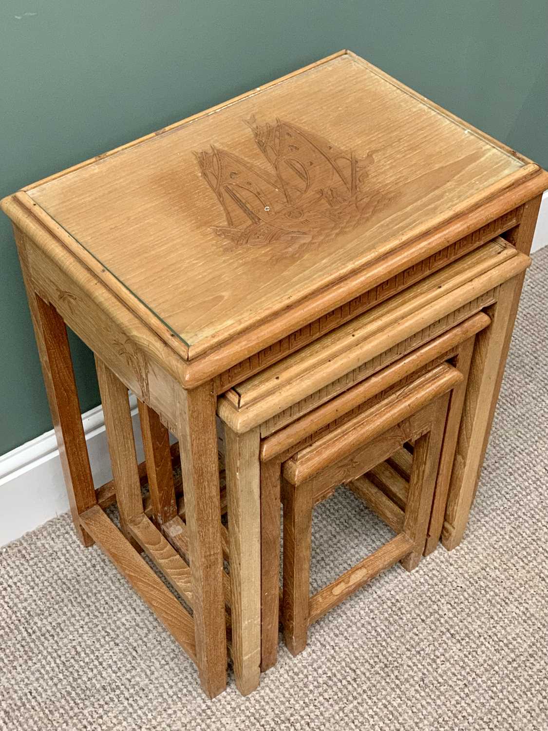 CHINESE CARVED TABLE QUARTETTO - 55cms H, 51cms W, 36cms D the tallest and a similar style tray on - Image 3 of 3