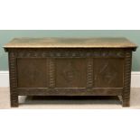 19TH CENTURY OAK CARVED FRONT LIDDED COFFER - 53cms H, 107cms W, 46cms D