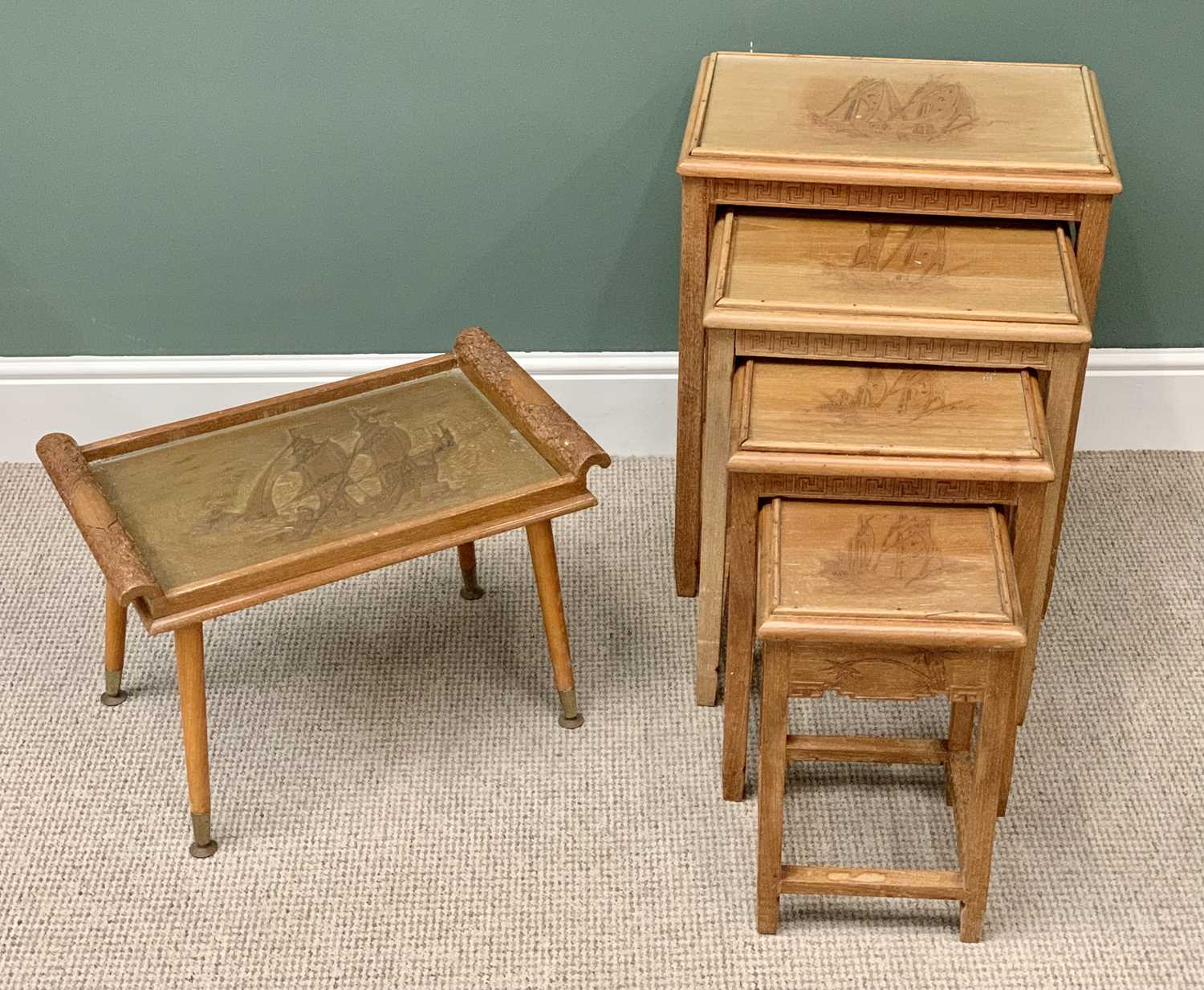 CHINESE CARVED TABLE QUARTETTO - 55cms H, 51cms W, 36cms D the tallest and a similar style tray on