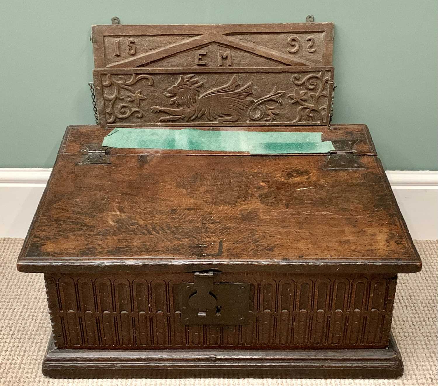 ANTIQUE WELSH OAK BIBLE BOX - initialled 'E M', 28cms H, 61cms W, 44cms D, with folding hymn shelf