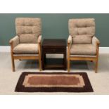 MODERN UPHOLSTERED EASY CHAIRS, A PAIR - 100cms H, 61cms W, 77cms D, a modern square topped side