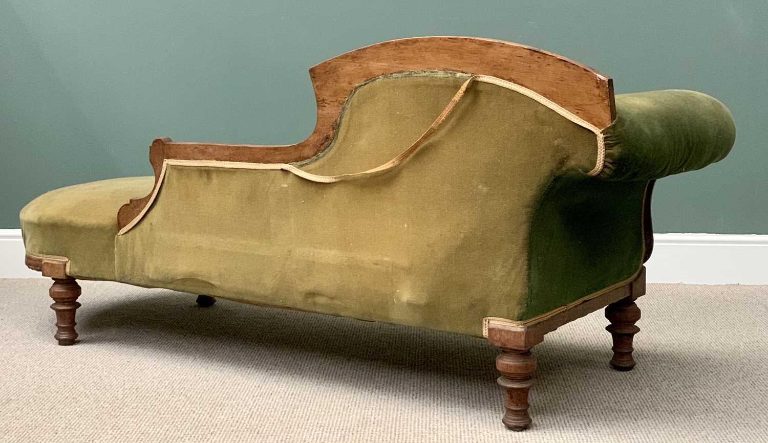 EDWARDIAN CHAISE LONGUE - with curved and shaped back, green upholstery on turned supports, 84cms H, - Image 2 of 2