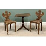 ANTIQUE MAHOGANY TILT TOP TRIPOD TABLE - 67cms H, 63cms W, 69cms D, and a pair of shield back hall
