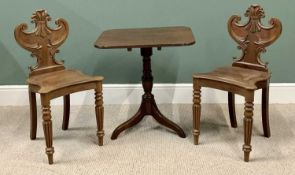 ANTIQUE MAHOGANY TILT TOP TRIPOD TABLE - 67cms H, 63cms W, 69cms D, and a pair of shield back hall