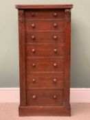 VINTAGE OAK WELLINGTON CHEST - 7 drawers with turned wooden knobs and carved detail to the uprights,