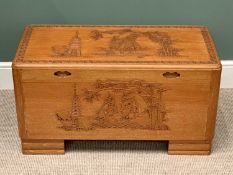 A CHINESE LIGHT WOOD FINISH CARVED CAMPHORWOOD CHEST - 48cms H, 92cms W, 46cms D