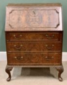 BURR WALNUT QUEEN ANN STYLE BUREAU - on cabriole supports, drop-down and tooled top section above