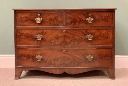 VICTORIAN MAHOGANY BOW FRONTED CHEST OF TWO SHORT OVER TWO LONG DRAWERS - on bracket feet, 74cms