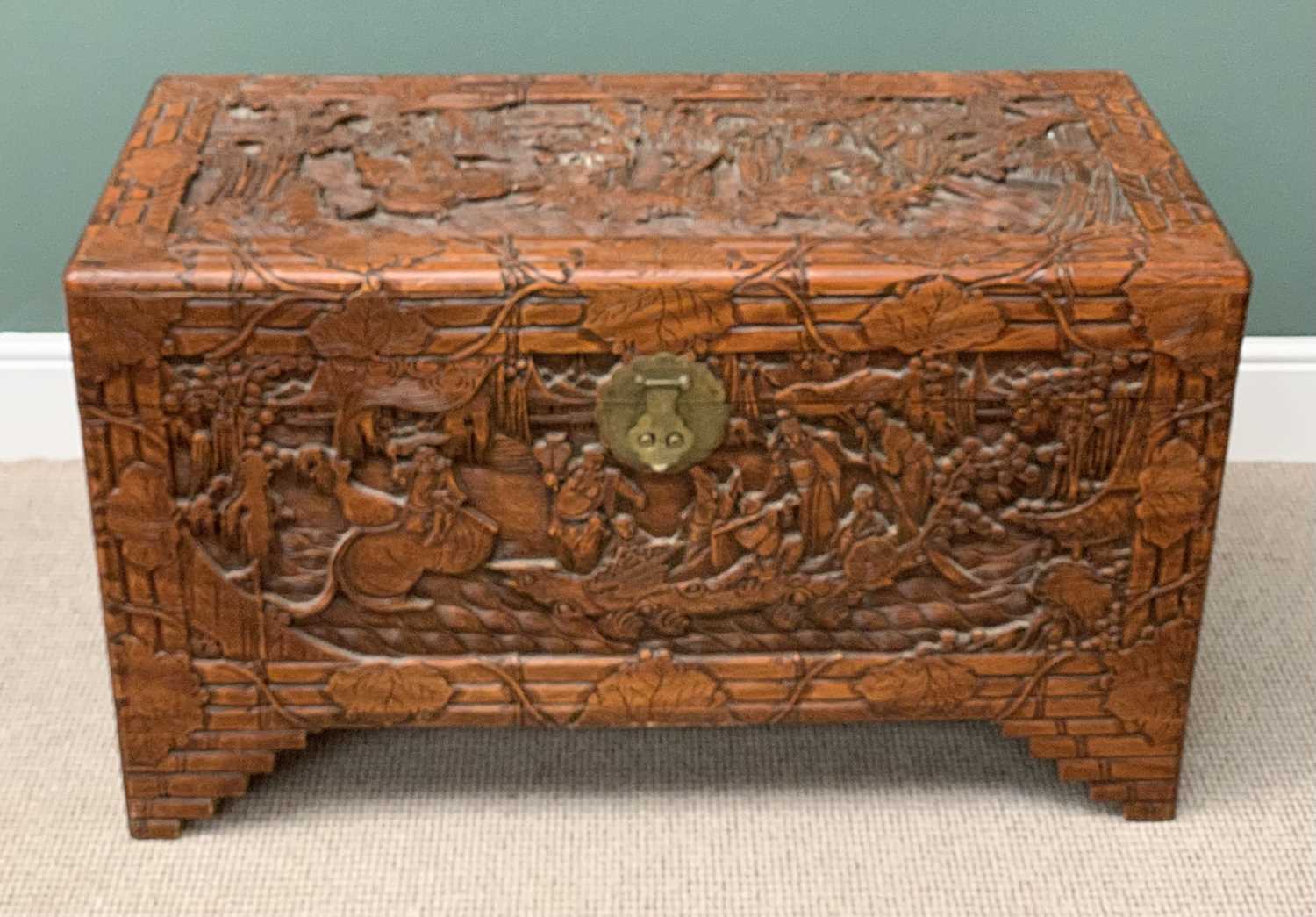 CARVED CHINESE CAMPHORWOOD CHEST - 59cms H, 101cms W, 51cms D