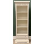 A MODERN PAINTED PINE NARROW BOOKCASE - over two base drawers, 181cms H, 61cms W, 37cms D