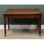 VICTORIAN MAHOGANY WRITING TABLE with railback and two drawers, on turned supports and castors,
