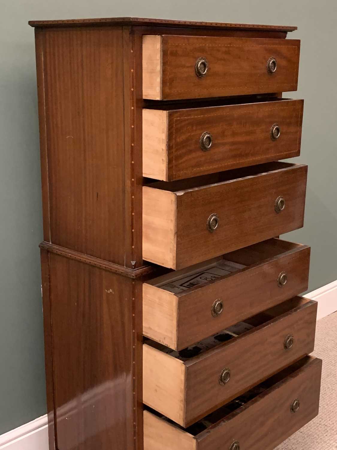 ANTIQUE MAHOGANY 'CHEST ON CHEST' - with crossbanding inlay detail, brass ring pull handles, 6 - Image 2 of 4