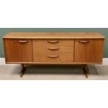 MID-CENTURY LONG TEAK SIDEBOARD - a stylish example with three central drawers flanked by two