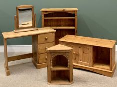 PINE ASSORTMENT - to include single pedestal desk, 76cms H, 107cms W, 46cms D, an open adjustable