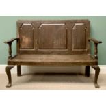 ANTIQUE MAHOGANY OPEN BENCH - the back with three fielded panels, swept arms on turned uprights,