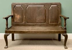 ANTIQUE MAHOGANY OPEN BENCH - the back with three fielded panels, swept arms on turned uprights,