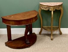 HALL/CONSOLE TABLES (2) - one gilt with marble top, 92cms H, 66cms W, 34cms D and a mahogany duchess