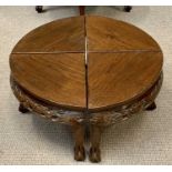 NEST OF 5 CARVED CHINESE HARDWOOD TABLES - one circular and four quarters, 50 x 76cms diameter