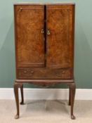 BURR WALNUT QUEEN ANN STYLE DRINKS CABINET - on cabriole supports, 139cms H, 74cms W, 48cms D
