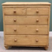 VINTAGE PINE CHEST OF TWO OVER THREE LONG DRAWERS - with turned knobs, on bun feet, 116cms H, 112cms