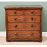 VICTORIAN MAHOGANY CHEST - two short over three long drawers with turned knobs, on bun feet,
