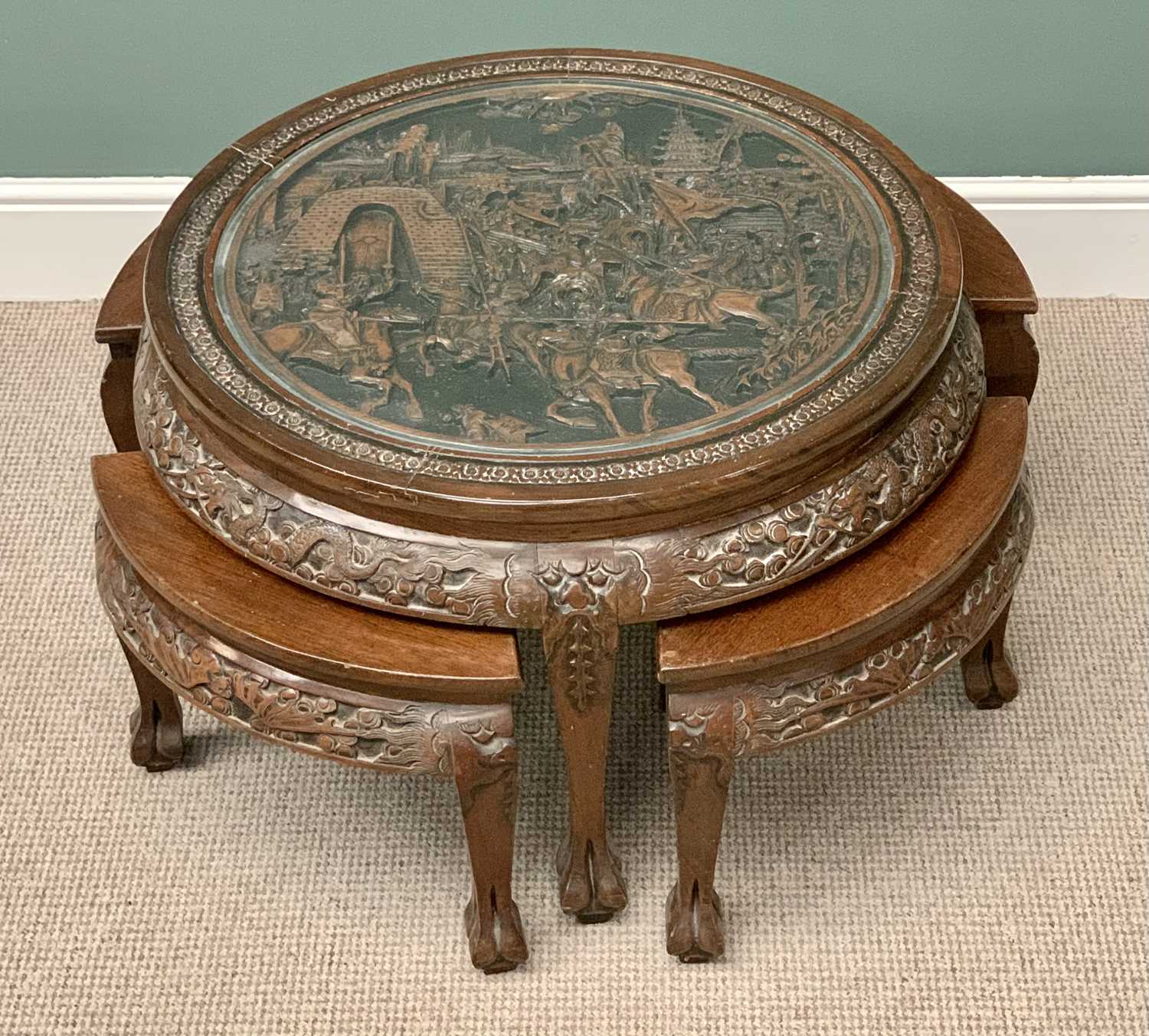 NEST OF 5 CARVED CHINESE HARDWOOD TABLES - one circular and four quarters, 50 x 76cms diameter - Image 2 of 3