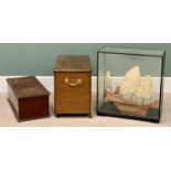 VINTAGE WOODEN BOXES - the larger 42cms H, 62cms W, 31cms D and a wooden display of a Chinese Junk