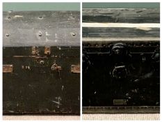 VINTAGE DOME TOP TRUNK - 64cms H, 85cms W, 52cms D and another metal banded trunk