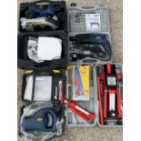 APPEARS AS NEW POWER TOOLS - to include hammer drill, circular saw, trolley jack and axel stands,