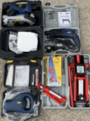 APPEARS AS NEW POWER TOOLS - to include hammer drill, circular saw, trolley jack and axel stands,