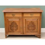 SATIN WALNUT SIDEBOARD - two drawers over two base cupboard doors and carved detail to the front,