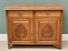 SATIN WALNUT SIDEBOARD - two drawers over two base cupboard doors and carved detail to the front,