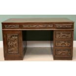 CARVED CHINESE TWIN PEDESTAL DESK - 76cms H, 137cms W, 77cms D