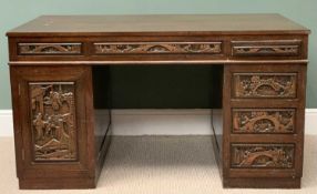 CARVED CHINESE TWIN PEDESTAL DESK - 76cms H, 137cms W, 77cms D