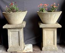 GARDEN STONEWARE - a pair of good size circular planters on excellent square section column bases,