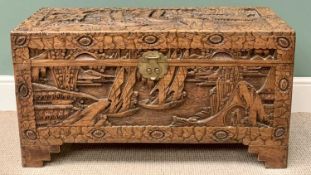 CHINESE CARVED CAMPHORWOOD CHEST - 50cms H, 94cms W, 44cms D