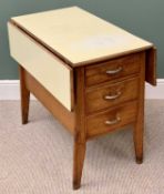 MID-CENTURY KITCHEN TABLE - with formica top, twin flaps and end drawers, 76cms H, 90cms open, 81cms