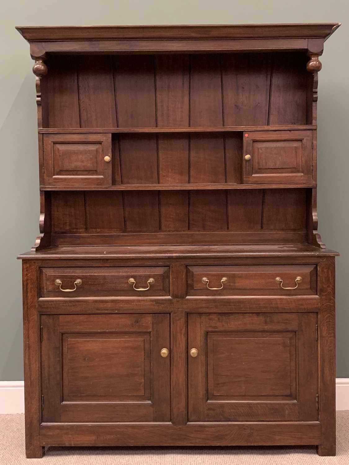 OAK REPRODUCTION DRESSER, a fine example, the base having two drawers over two cupboard doors, the