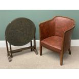 A VINTAGE VINYL SEATED & STUDDED TUB CHAIR - 76cms H, 57cms W, 44cms D, and a carved Chinese folding