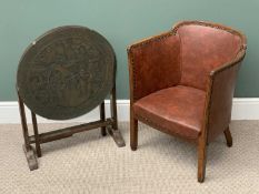 A VINTAGE VINYL SEATED & STUDDED TUB CHAIR - 76cms H, 57cms W, 44cms D, and a carved Chinese folding