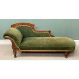EDWARDIAN CHAISE LONGUE - with curved and shaped back, green upholstery on turned supports, 84cms H,