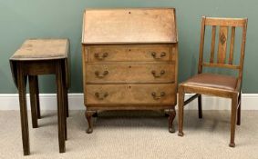 VINTAGE WALNUT BUREAU, 102cms H, 77cms W, 41cms D, oak gateleg table, 75cms H, 39cms W, 85cms D