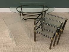 DESIGNER TYPE FURNITURE - nest of three glass effect curved coffee tables, 40cms H, 41cms W, 33cms